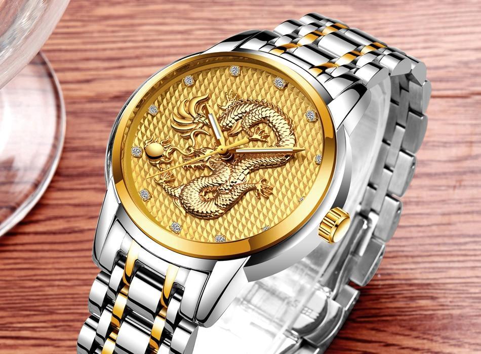 Men's Waterproof 3D Dragon Luxury Gold Wristwatch Gift