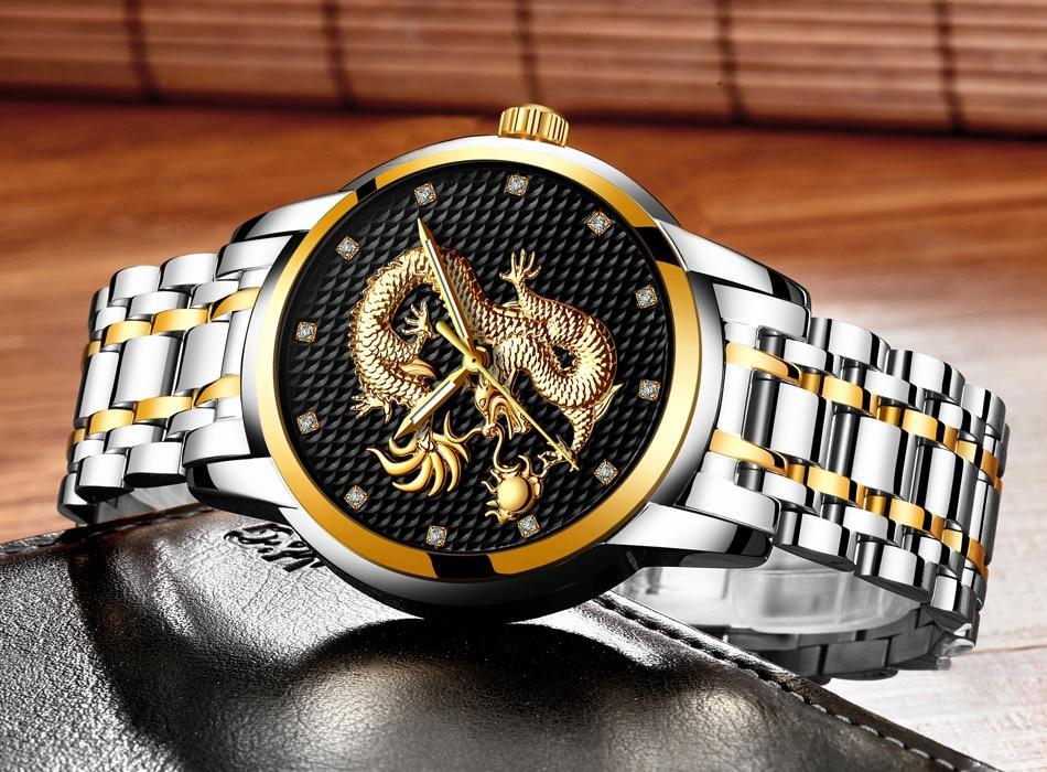 Men's Waterproof 3D Dragon Luxury Gold Wristwatch Gift