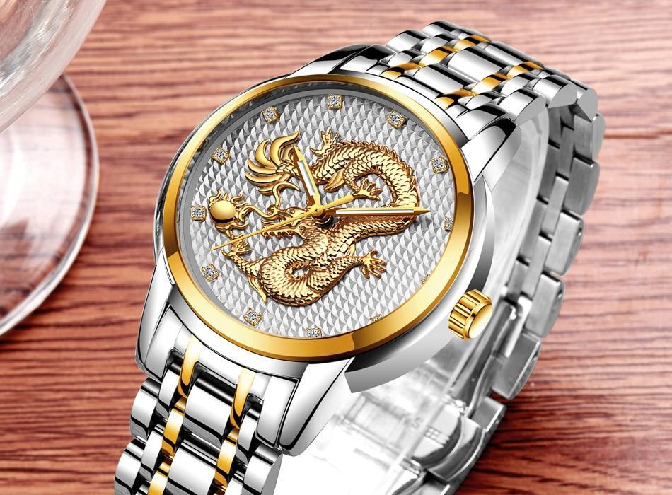 Men's Waterproof 3D Dragon Luxury Gold Wristwatch Gift