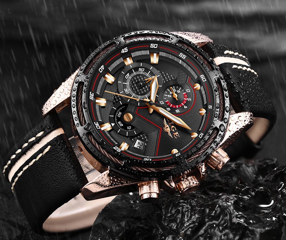 Men's Waterproof Sports Chronograph Watch with Leather Strap