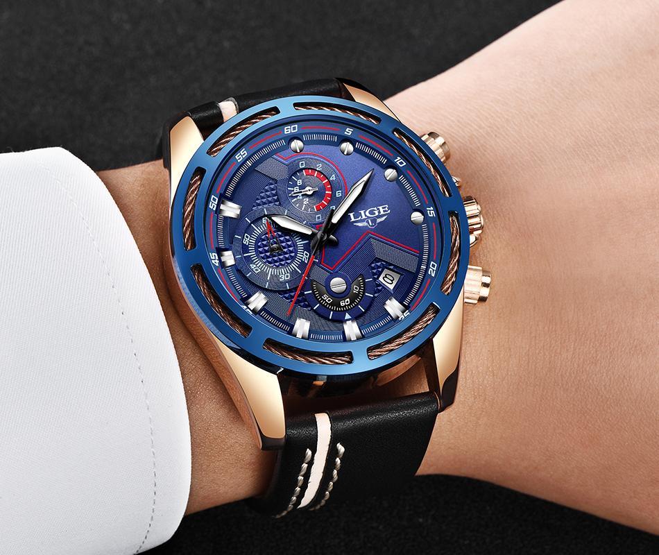 Men's Waterproof Sports Chronograph Watch with Leather Strap