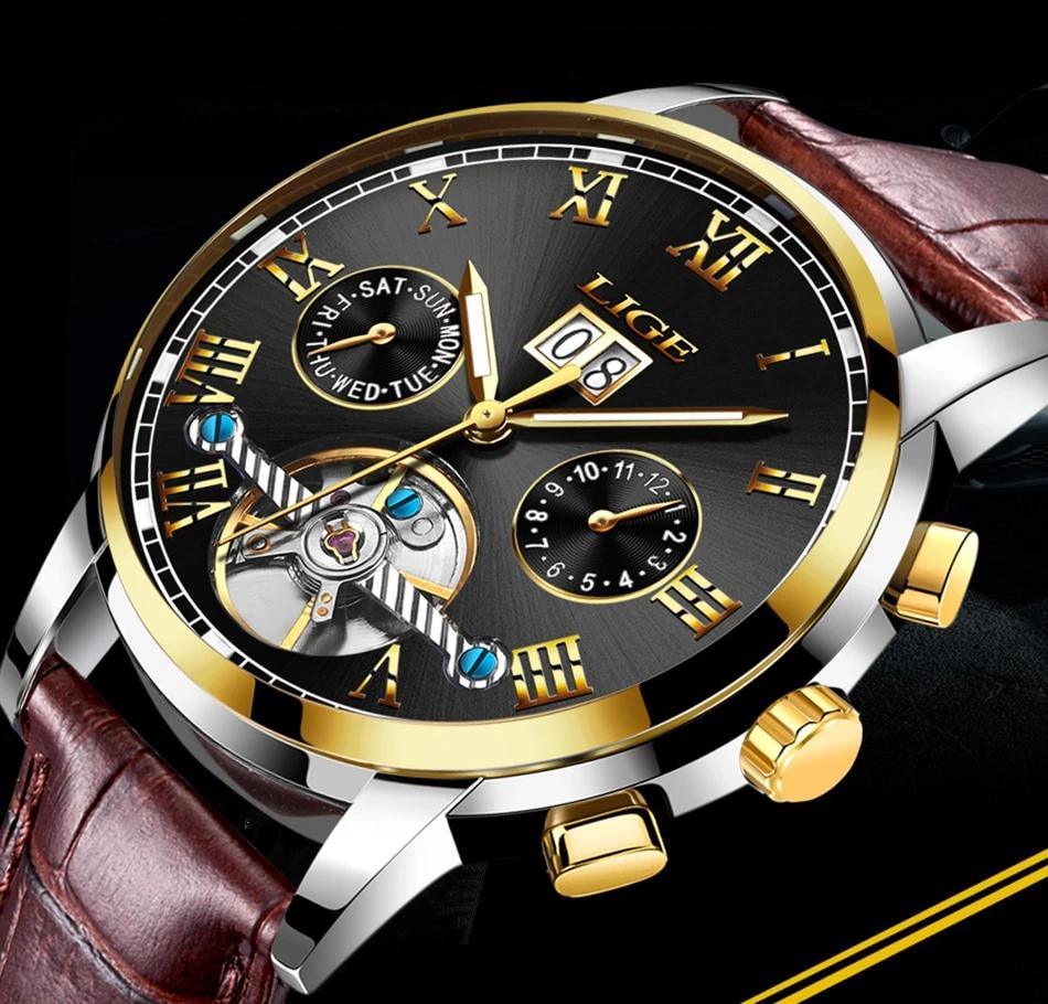 Men's Waterproof Chronograph Watch with Leather Strap & Roman Numerals