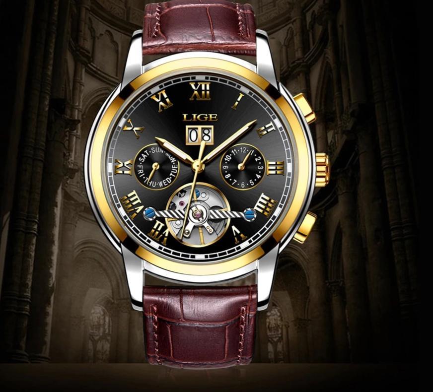 Men's Waterproof Chronograph Watch with Leather Strap & Roman Numerals