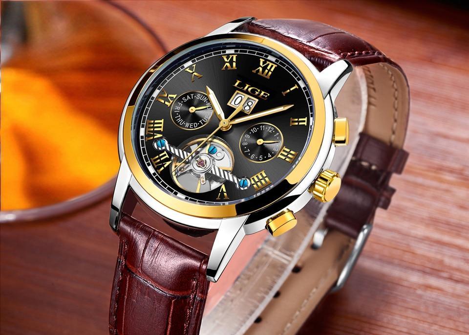 Men's Waterproof Chronograph Watch with Leather Strap & Roman Numerals