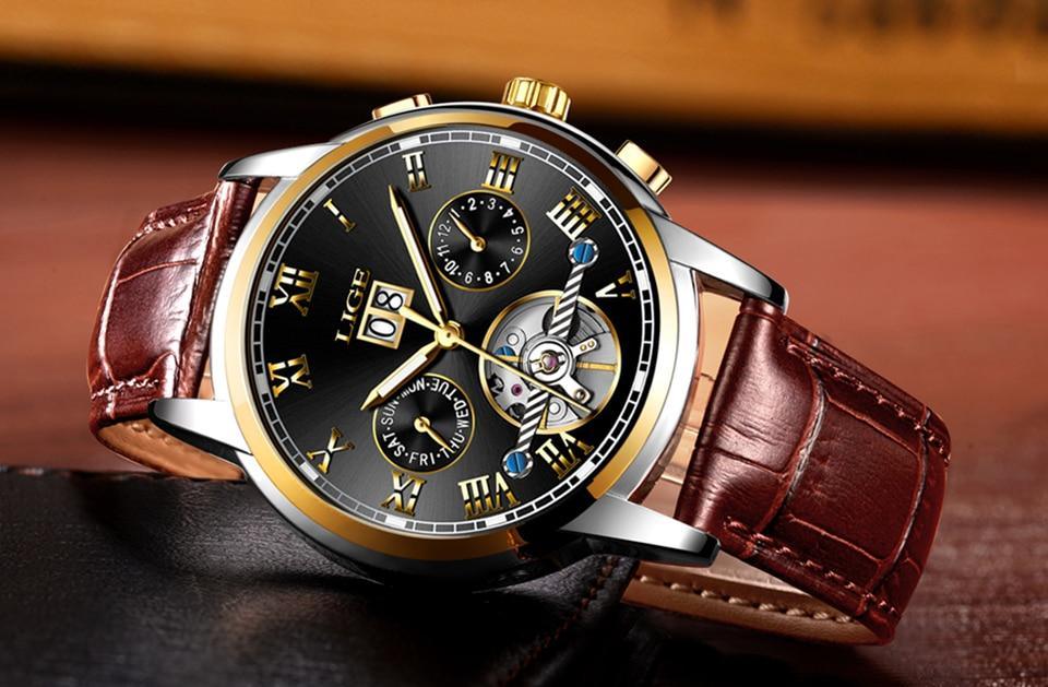 Men's Waterproof Chronograph Watch with Leather Strap & Roman Numerals