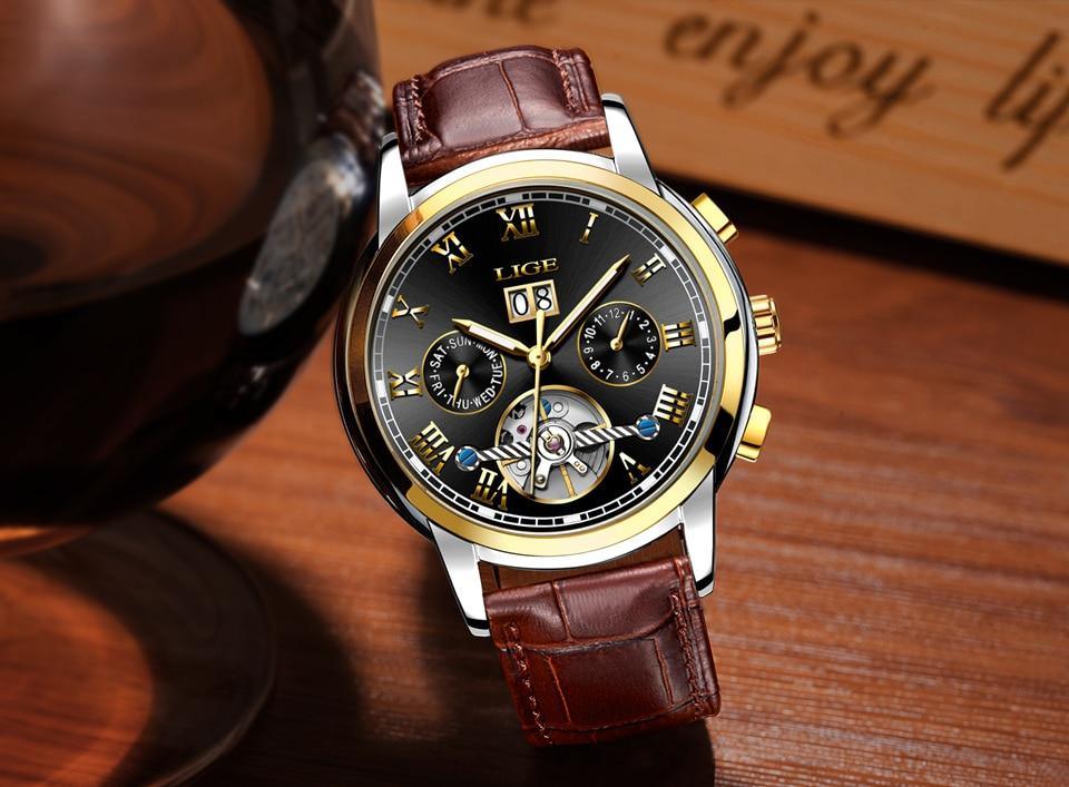 Men's Waterproof Chronograph Watch with Leather Strap & Roman Numerals
