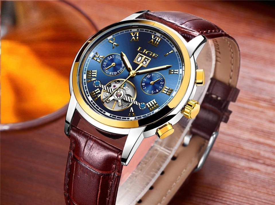 Men's Waterproof Chronograph Watch with Leather Strap & Roman Numerals