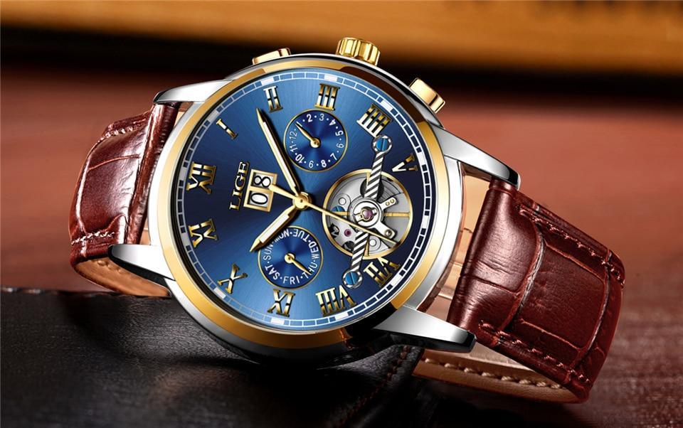 Men's Waterproof Chronograph Watch with Leather Strap & Roman Numerals