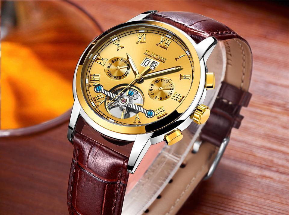 Men's Waterproof Chronograph Watch with Leather Strap & Roman Numerals