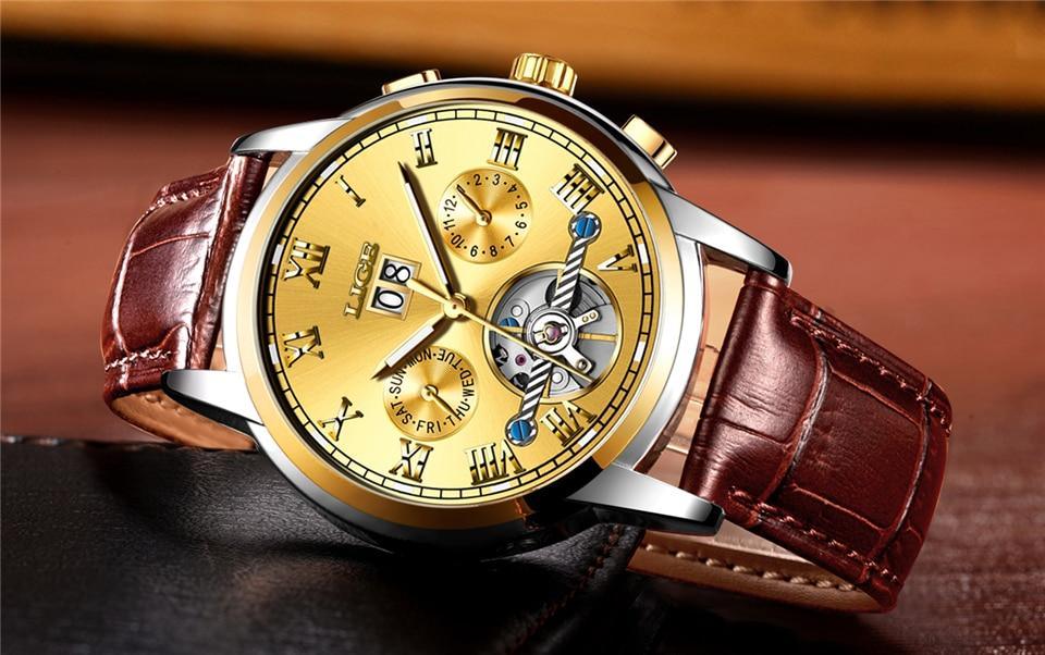 Men's Waterproof Chronograph Watch with Leather Strap & Roman Numerals
