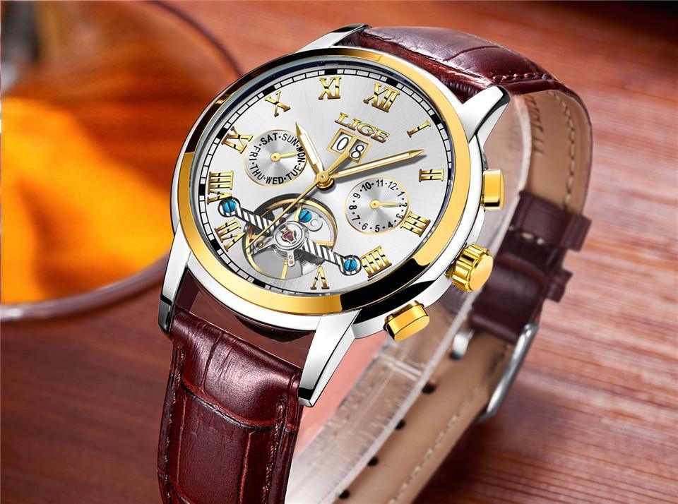 Men's Waterproof Chronograph Watch with Leather Strap & Roman Numerals