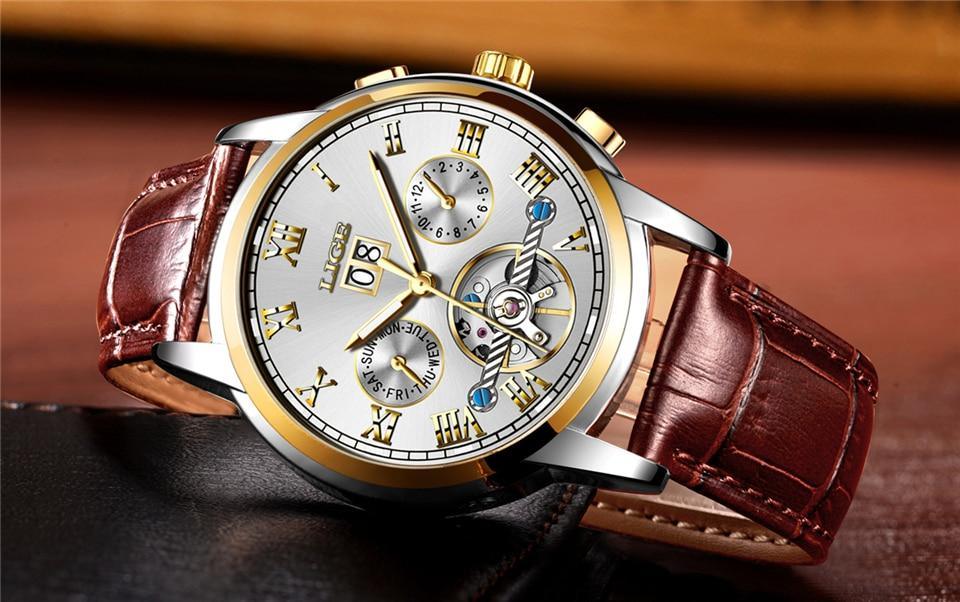 Men's Waterproof Chronograph Watch with Leather Strap & Roman Numerals
