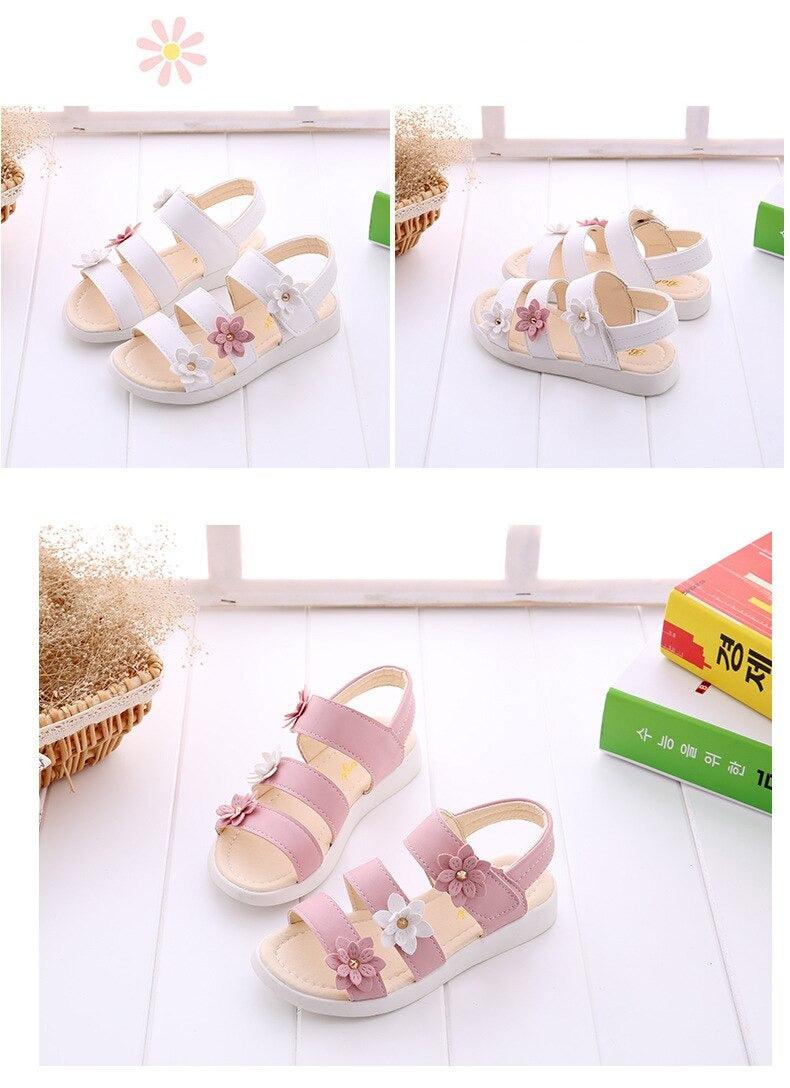 Girls Floral Flat Sandals – Open-Toe Summer Party Dress Shoes
