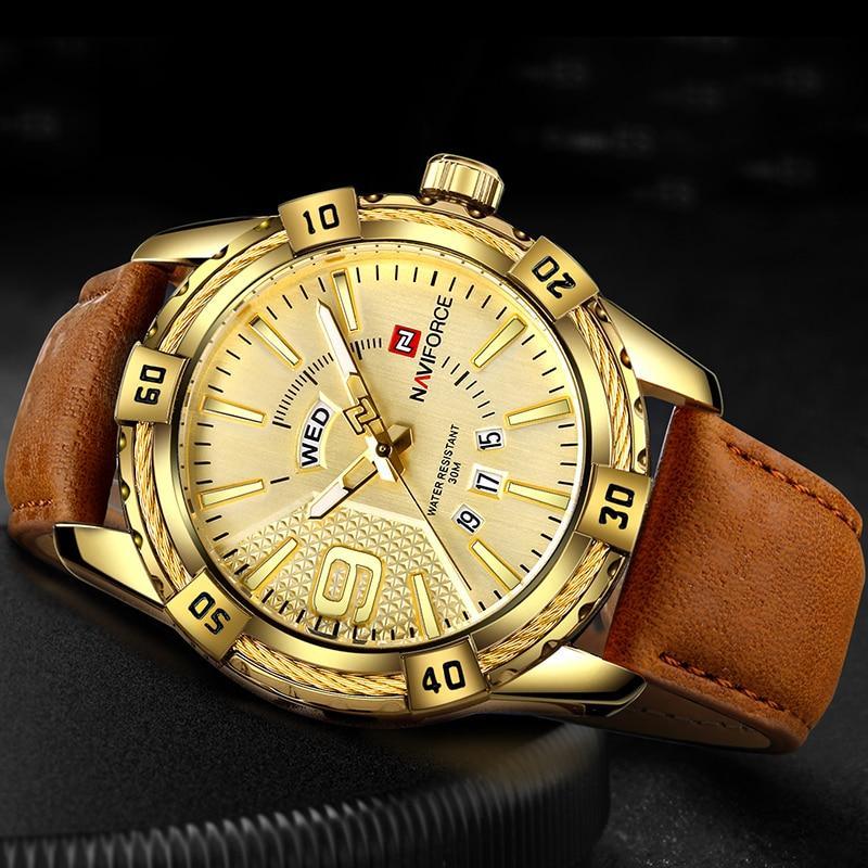 Waterproof Leather Men's Watch with Day-Date & Fluorescent Hands