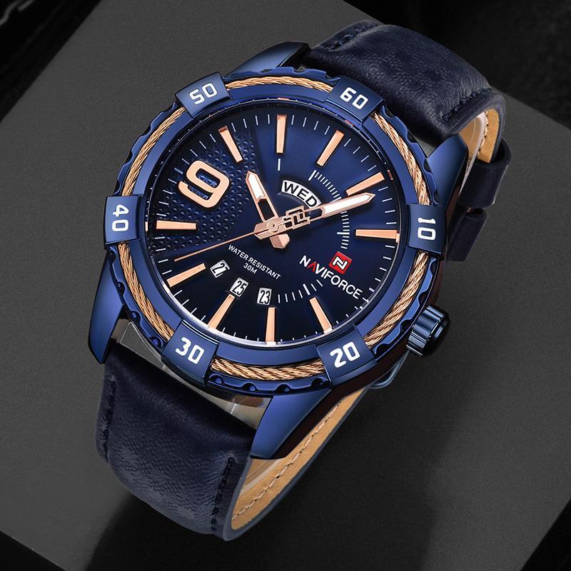 Waterproof Leather Men's Watch with Day-Date & Fluorescent Hands