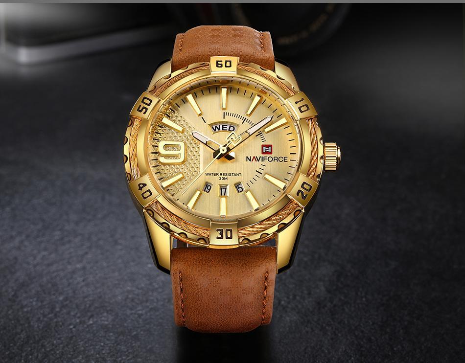 Waterproof Leather Men's Watch with Day-Date & Fluorescent Hands