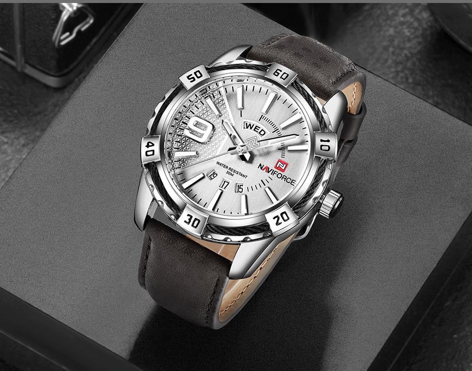 Waterproof Leather Men's Watch with Day-Date & Fluorescent Hands