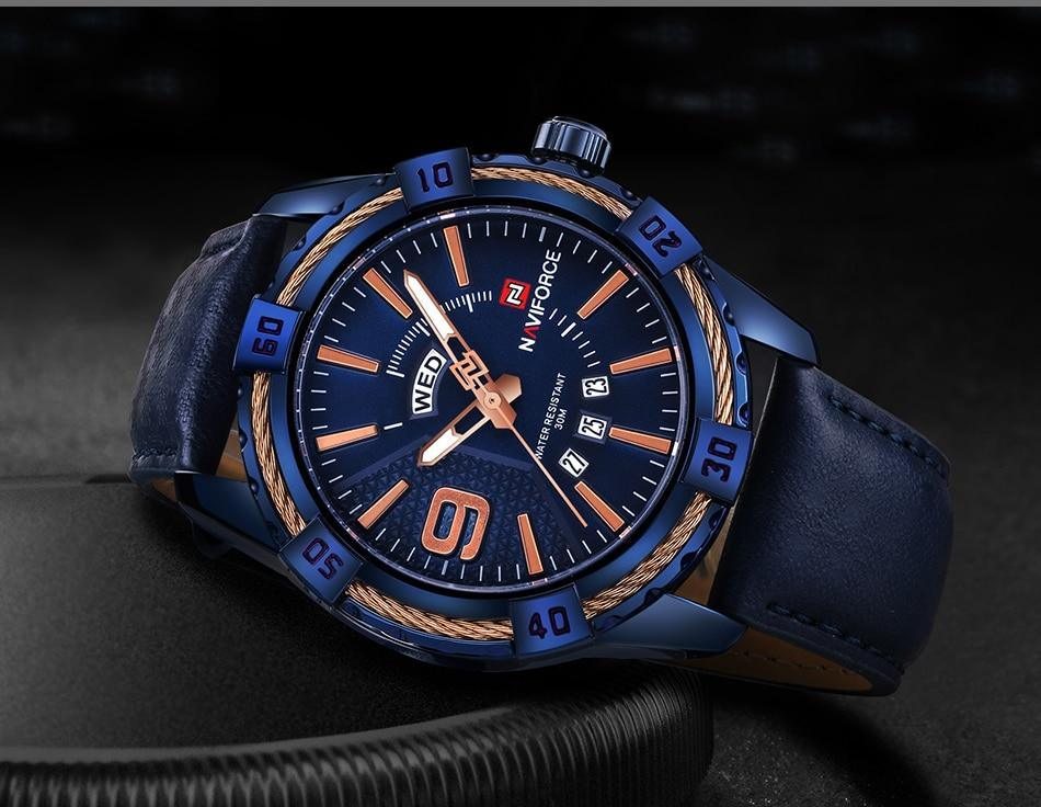 Waterproof Leather Men's Watch with Day-Date & Fluorescent Hands