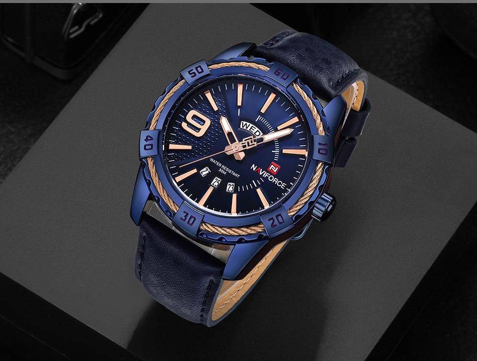 Waterproof Leather Men's Watch with Day-Date & Fluorescent Hands