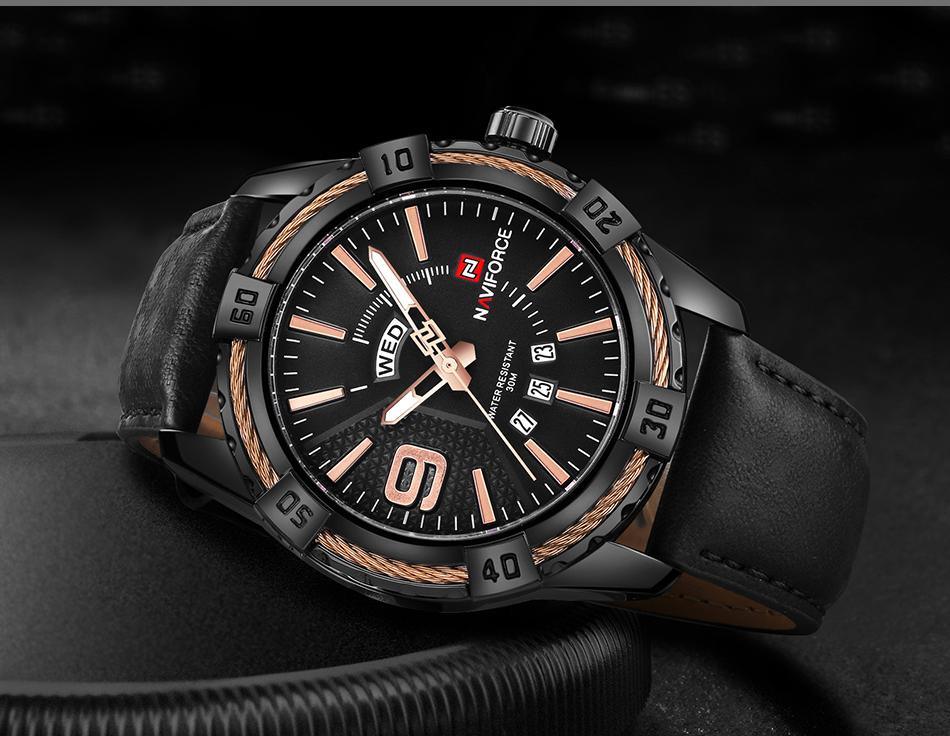 Waterproof Leather Men's Watch with Day-Date & Fluorescent Hands
