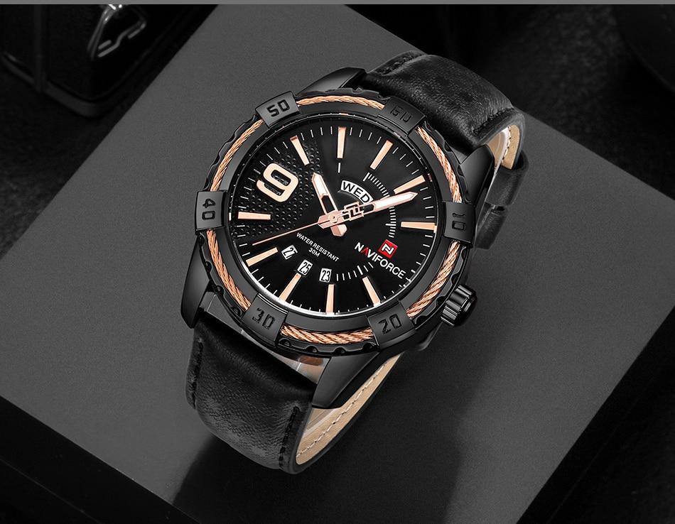 Waterproof Leather Men's Watch with Day-Date & Fluorescent Hands