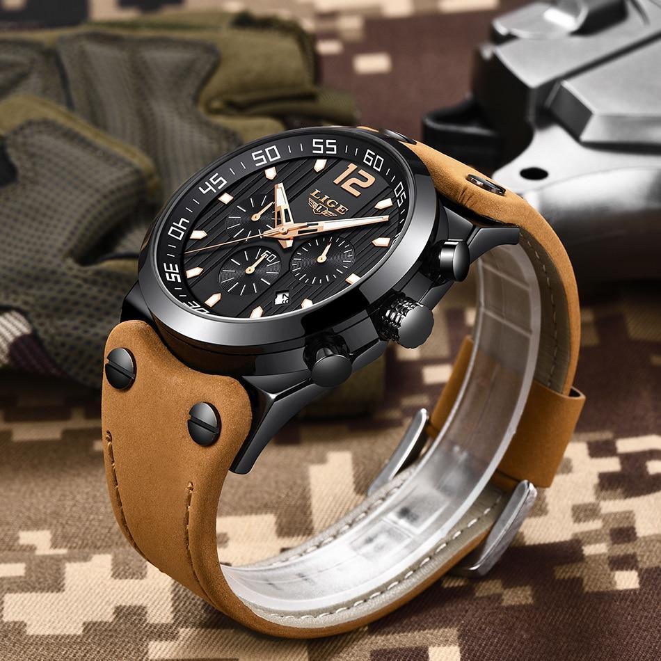 Men’s Military Sport Watch with Leather Band and Day Display