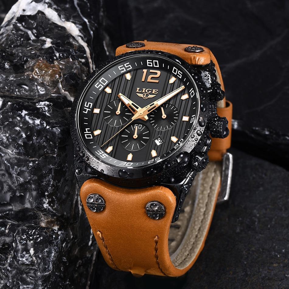 Men's military-style sport watch with leather strap and fluorescent pointers