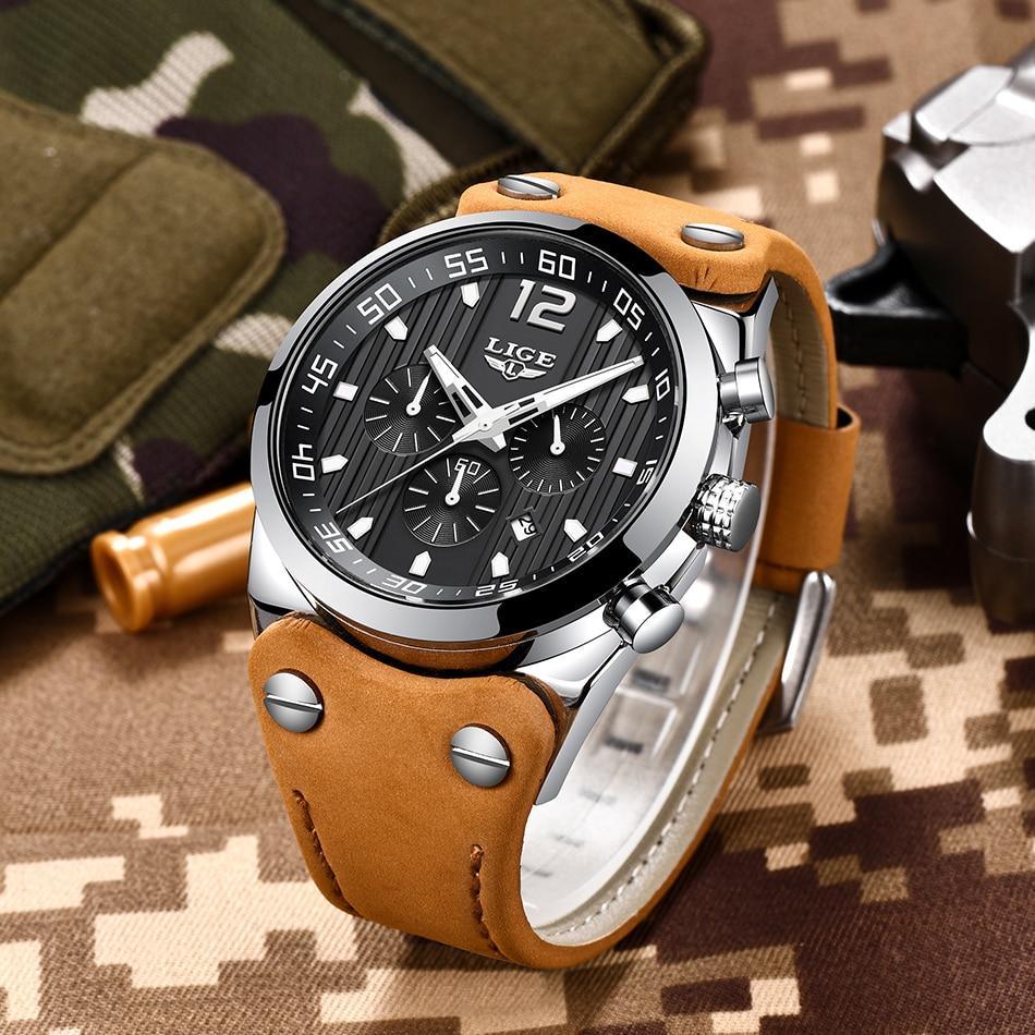 Men’s Military Sport Watch with Leather Band and Day Display