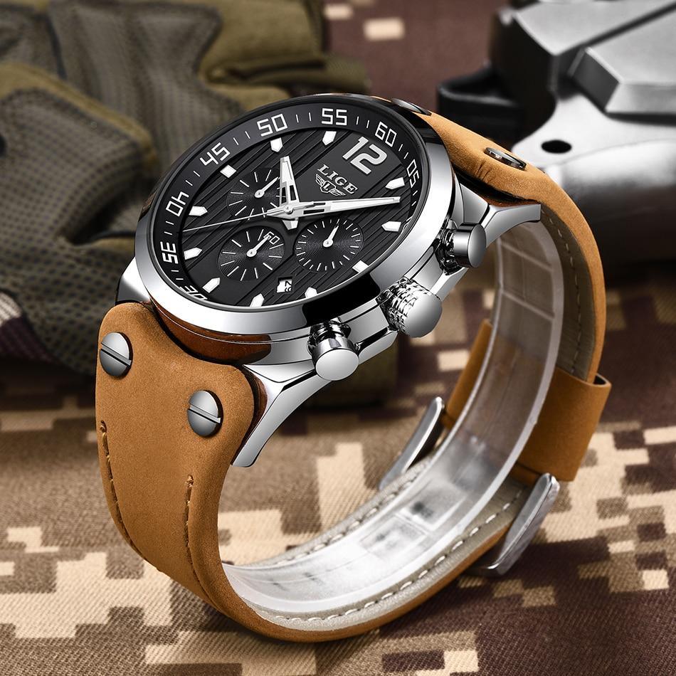 Men’s Military Sport Watch with Leather Band and Day Display