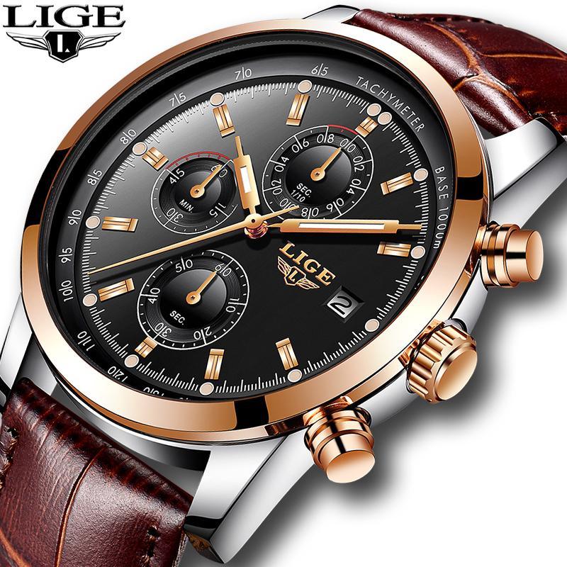 Men's waterproof quartz watch with a brown leather strap and chronometer date display