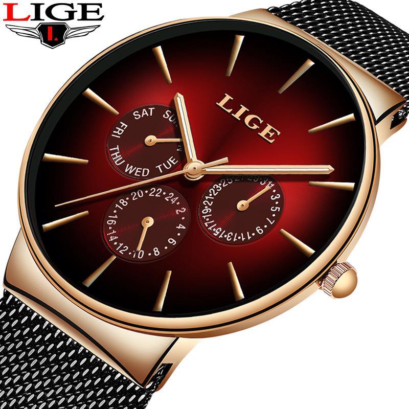 LIGE unisex stainless steel watch with day/date display and chronometer detailing in gold, black, and blue