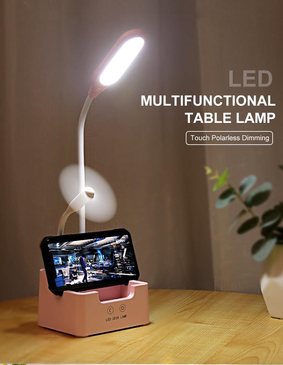Rechargeable LED Desk Lamp with Cooling Fan and Phone Holder