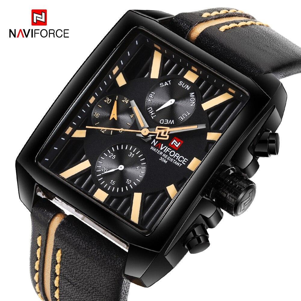 Men's retro rectangular chronograph watch with a leather strap and multi-dial display