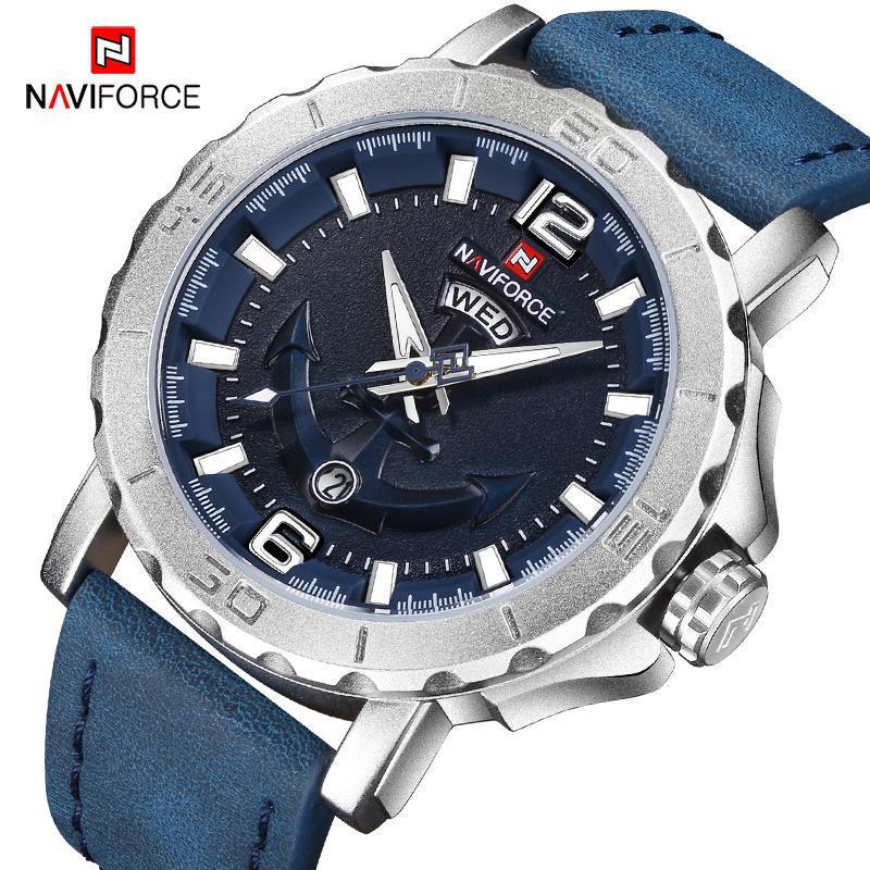 Men's waterproof nautical watch with anchor detail and leather strap
