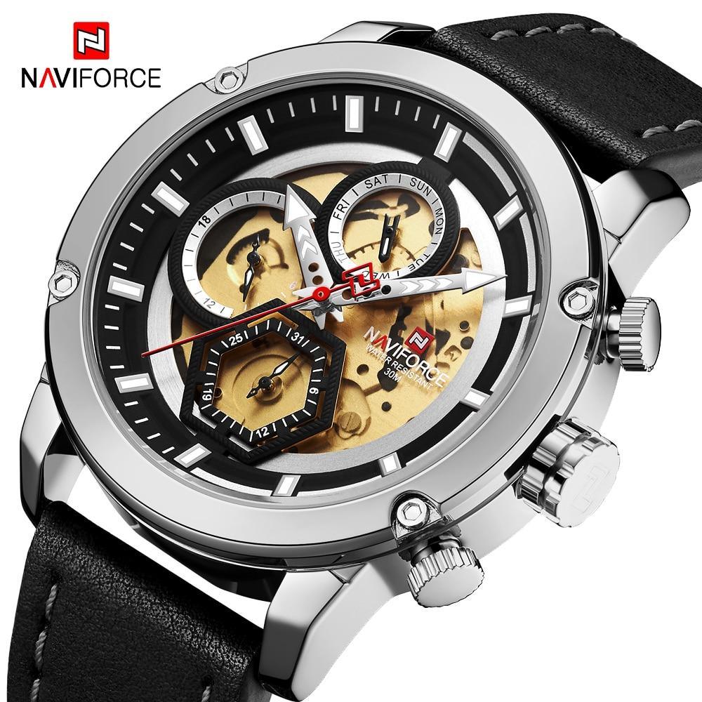 NAVIFORCE men's leather band analog watch in silver, black, brown, and gold
