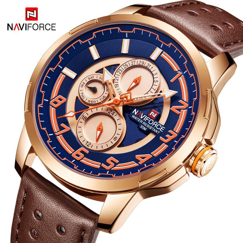 Men's sport watch with a leather band, big face, and analog quartz movement displaying the date.