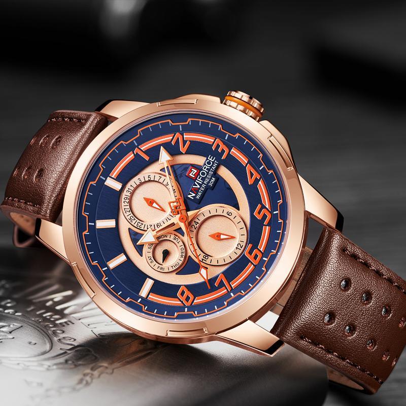 Men's Waterproof Analog Quartz Sport Watch with Leather Band & Date