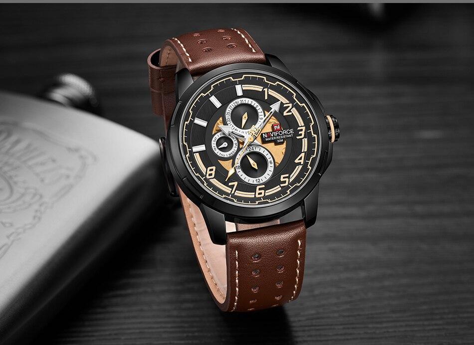 Men's Waterproof Analog Quartz Sport Watch with Leather Band & Date