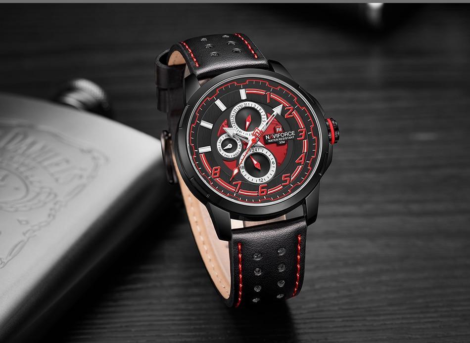 Men's Waterproof Analog Quartz Sport Watch with Leather Band & Date