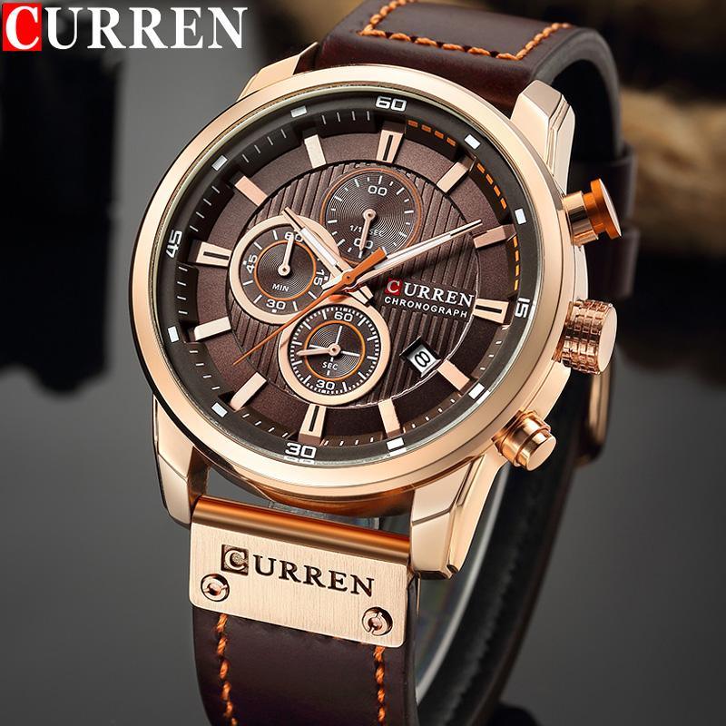 Men's elegant sport chronograph watch with brown and gold accents and leather strap