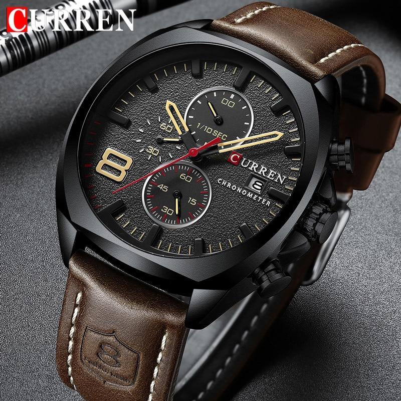 Retro square-round chronograph watch for men with a leather strap and sporty sub-dials