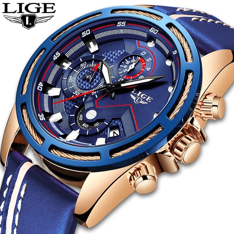 Men's Waterproof Sports Chronograph Watch with Leather Strap