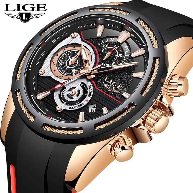 LIGE men's multifunction sport watch with rubber strap in black, blue, and rose-gold