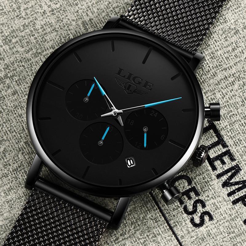 Men's minimalist waterproof chronograph watch with synthetic leather band in black and blue