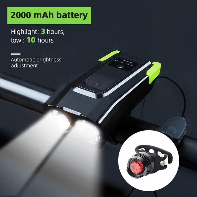 800 Lumen Smart Bike Light Set with Horn and USB Rechargeable Battery