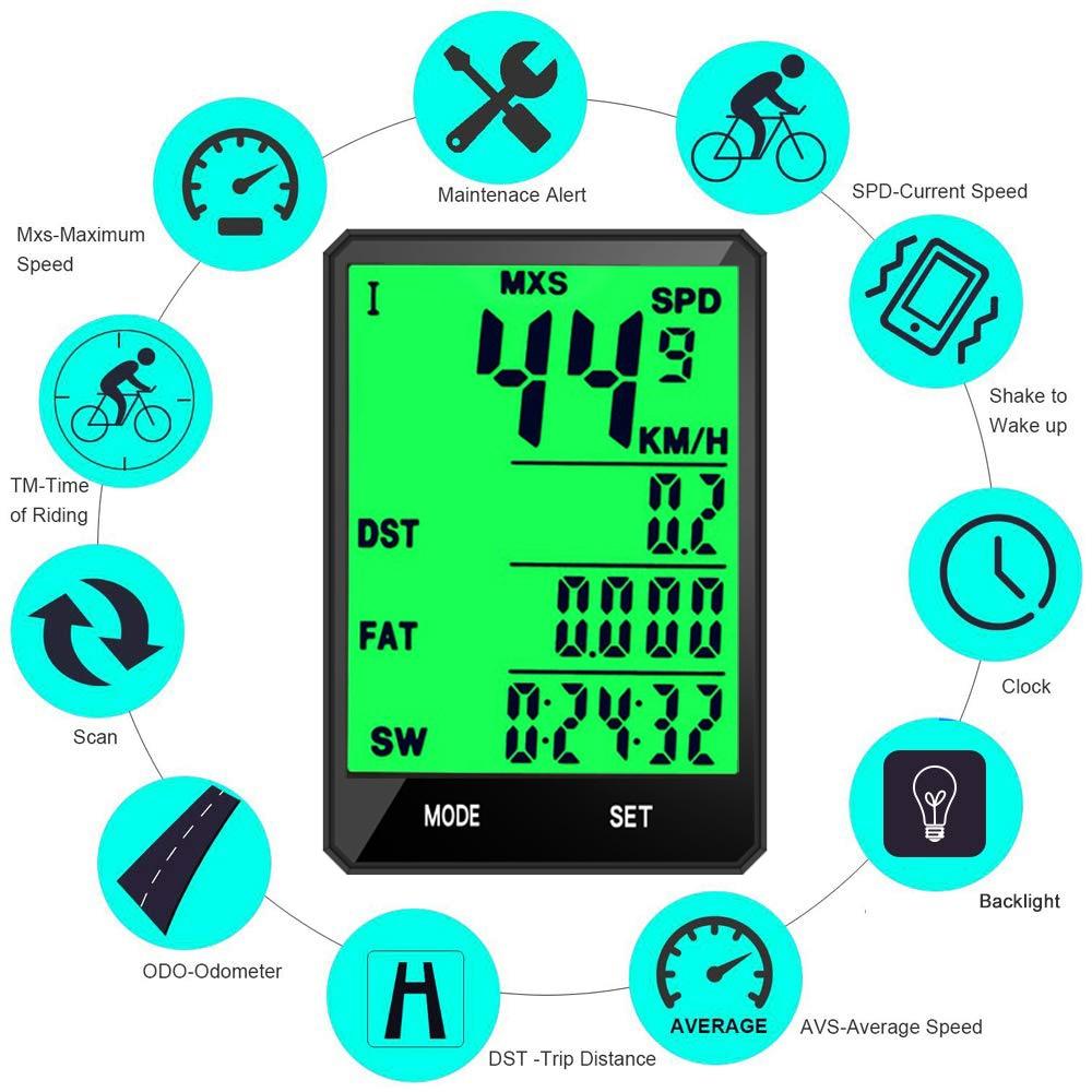 Wireless Waterproof Bicycle Speedometer with LCD Backlight Display