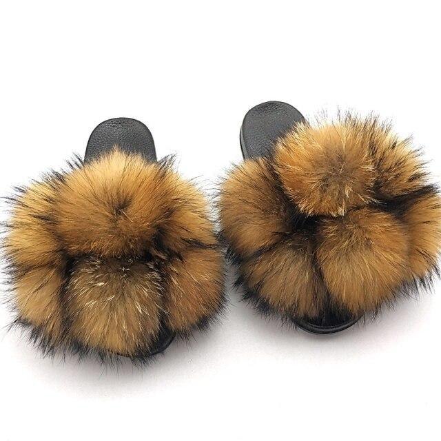 Women’s Faux Fur Slides, Glamorous Fluffy Open Toe House Sandals