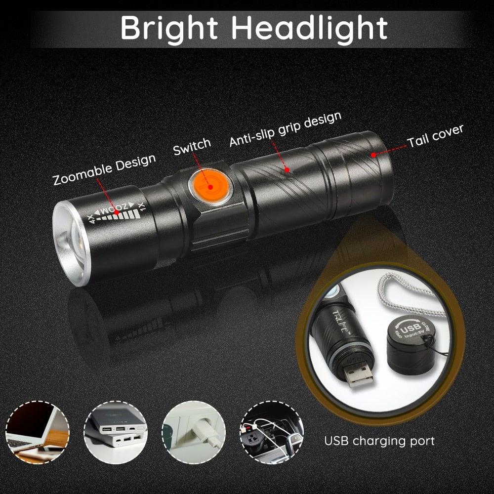 8000 Lumen USB LED Bicycle Light Set with Zoomable Headlight