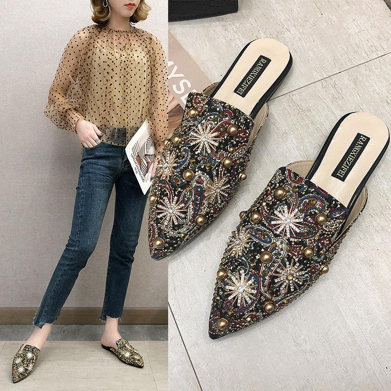 Women’s Pointed-Toe Low-Heeled Mules Slip-On Loafers