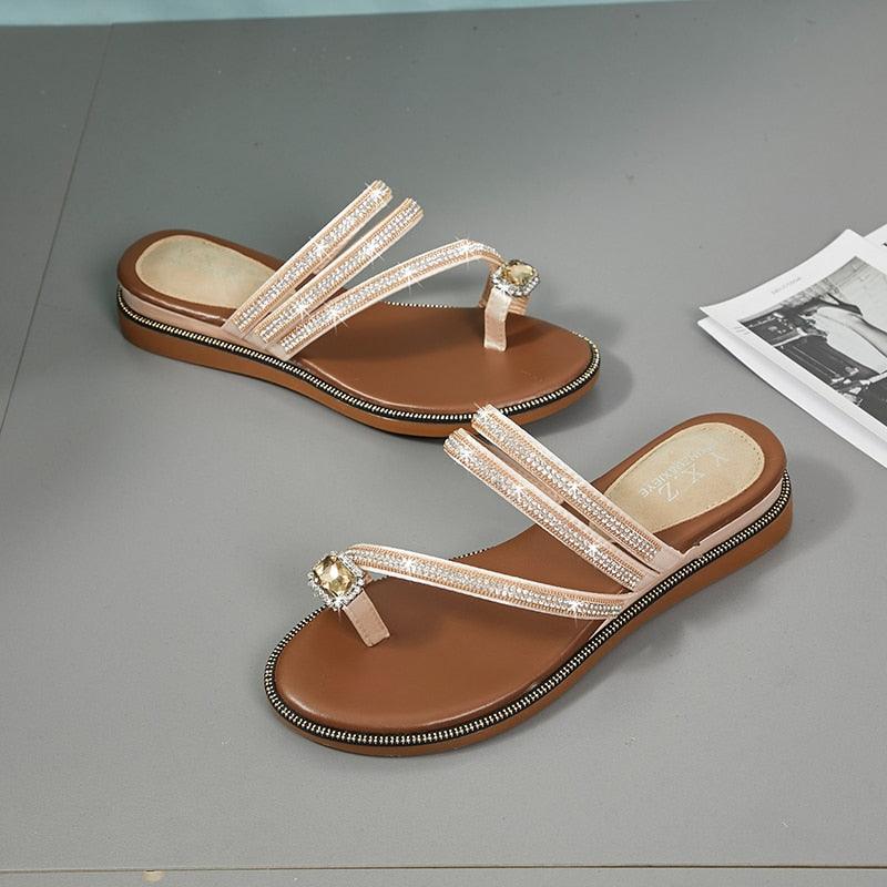 Women's Rhinestone Crystal Flat Sandals Casual Beach Flip Flops